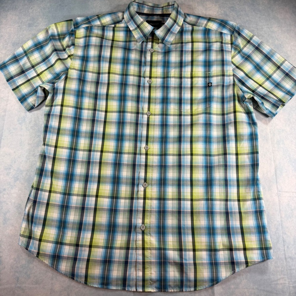 Marmot Button Down Shirt Mens XL Blue Green Excellent Plaid Short Sleeve SCC-363 - Picture 2 of 10